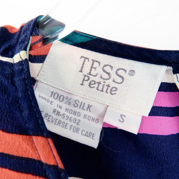 1990s Tess Vintage Rainbow Striped Silk Top with Shoulder Pads Small - Picture 4 of 4